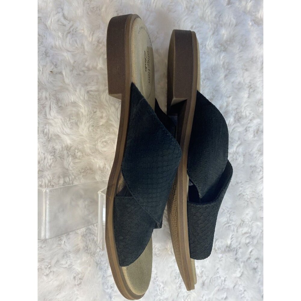 Clark’s Size 8 Flat Womens Slip On Sandals Black Faux Suede Muted Snakeskin - Picture 4 of 7